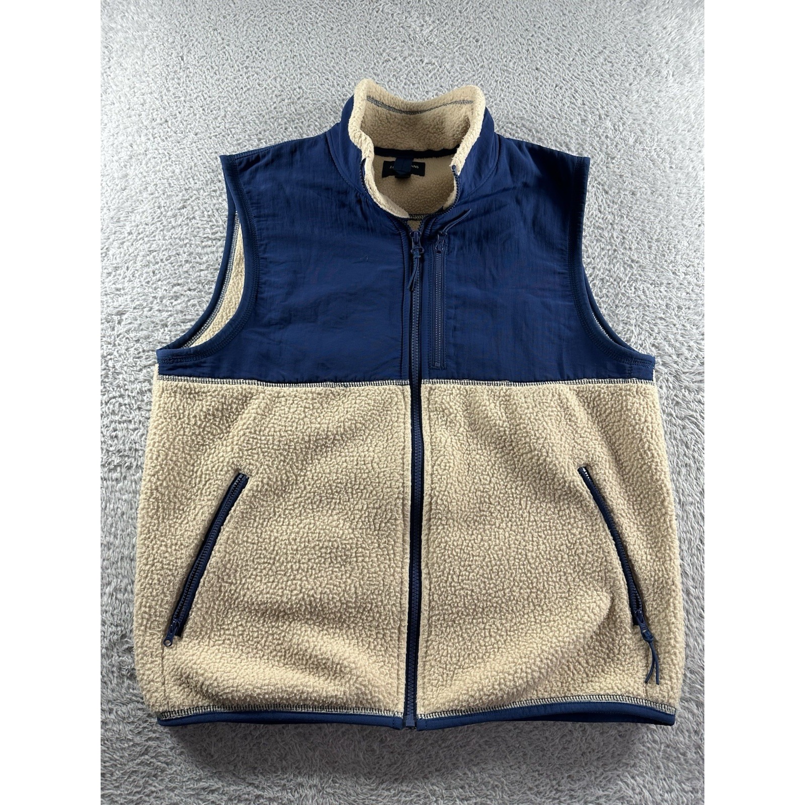 J. Crew Sherpa Vest Mens Medium Full Zip Navy Blue Barley Tan Preppy